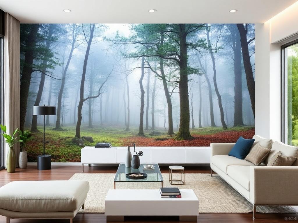 Foto tapeta sa šumskim motivom u dnevnoj sobi